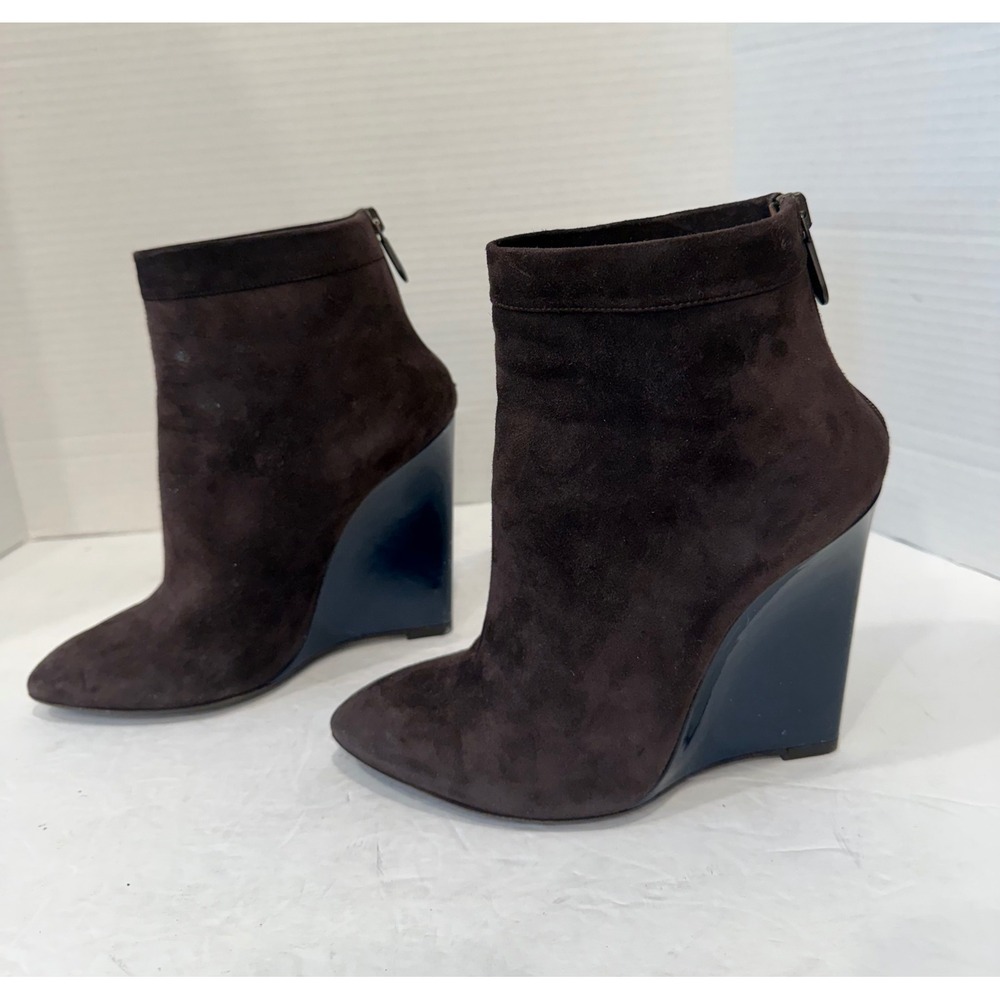 Bottega Veneta Brown Navy Blue Suede Almond Toe Wedge Ankle Boots EU 37 US 7